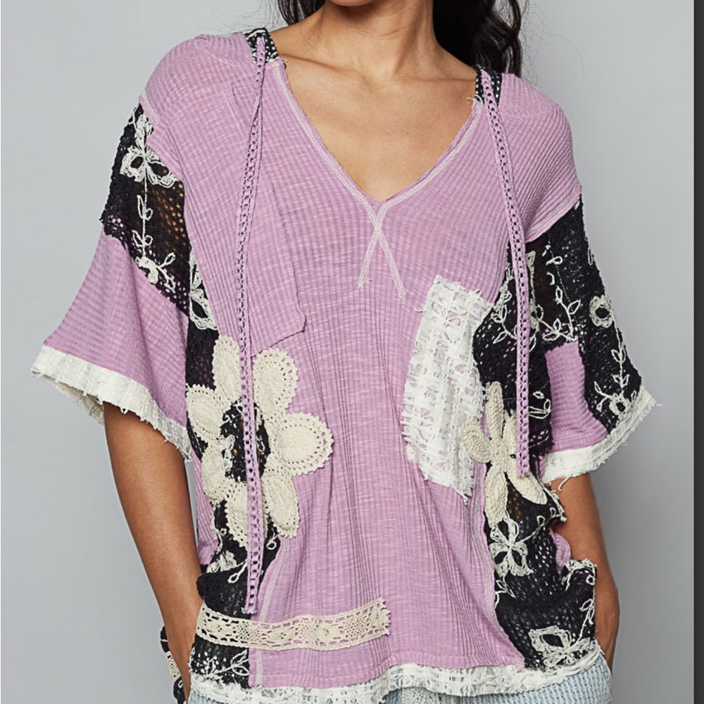 BestSeller : “The Lilac”Patchwork Top with hoodie in Purple and Black